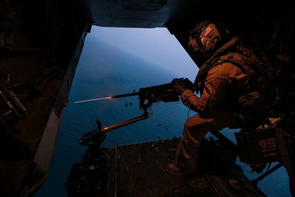 U.S Marines with Marine Medium Tiltrotor Squadron 363 hone aerial machine gun skills