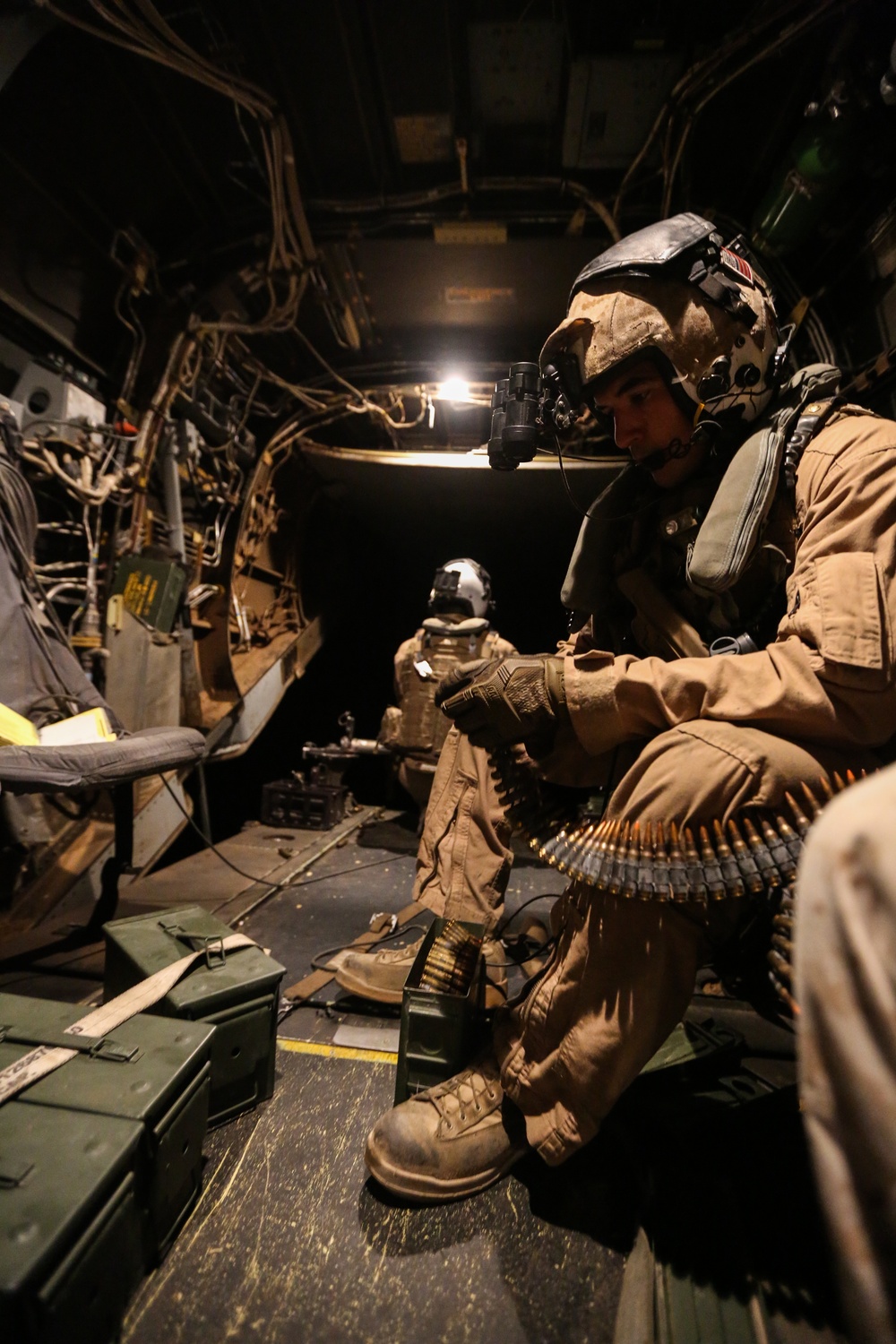 U.S Marines with Marine Medium Tiltrotor Squadron 363 hone aerial machine gun skills