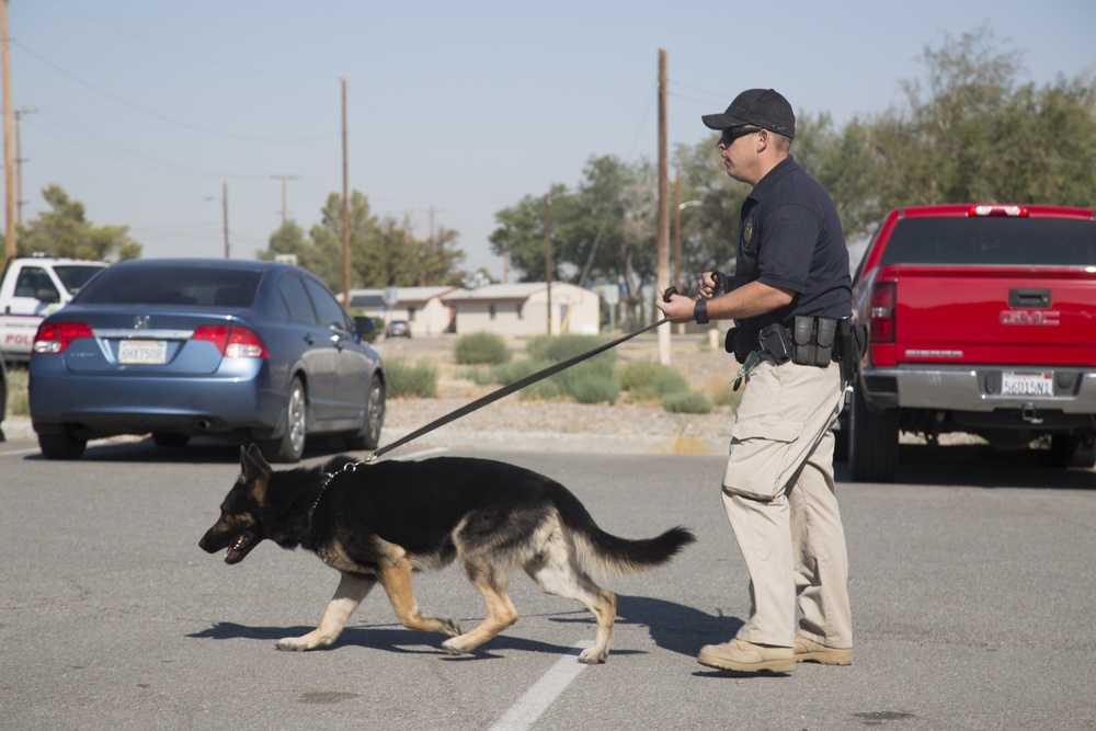 Officer Matt Howard and his K-9 Dex respond to a report of a suspicious package during a training exercise held aboard Marine Corps Logistics Base Barstow, Calif., July 26.