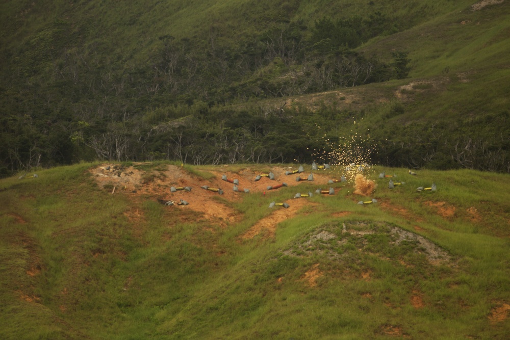 Explosive Ordnance Disposal technicians, reconnaissance Marines practice standoff munitions disruption