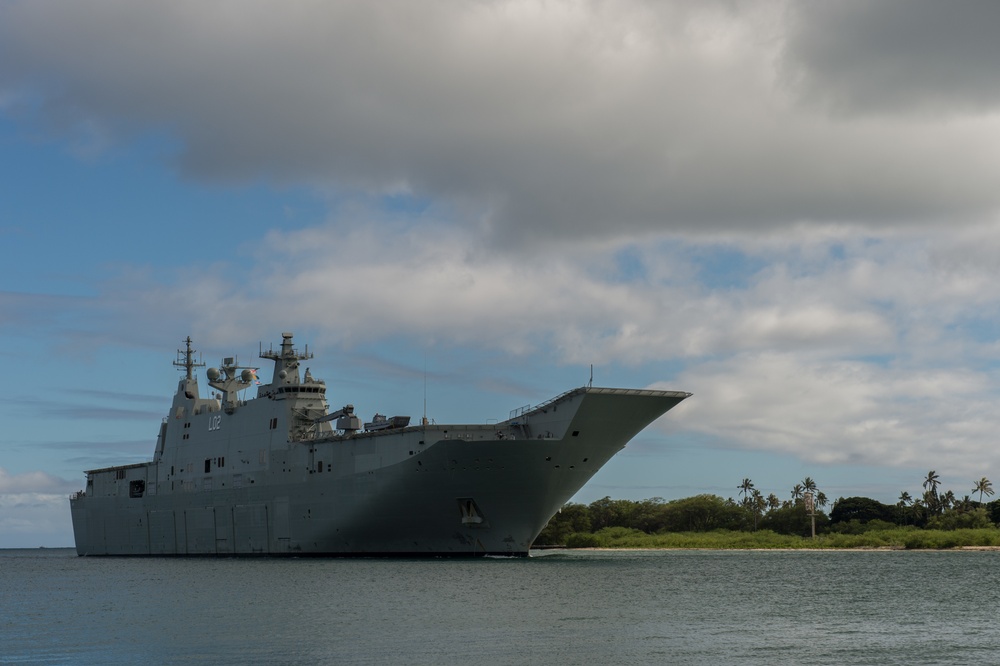 Royal Australian Navy Canberra Class Amphibious Ship HMAS Canberra (L02) Arrives at Joint Base Pearl Harbor-Hickam During RIMPAC