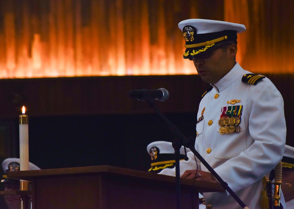 New USS Topeka CO addresses his crew for the first time during the change of command ceremony