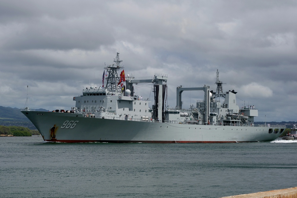 Chinese Navy replenishment ship Gaoyouhu (996) departs Joint Base Pearl Harbor-Hickam following the conclusion of Rim of the Pacific 2016.