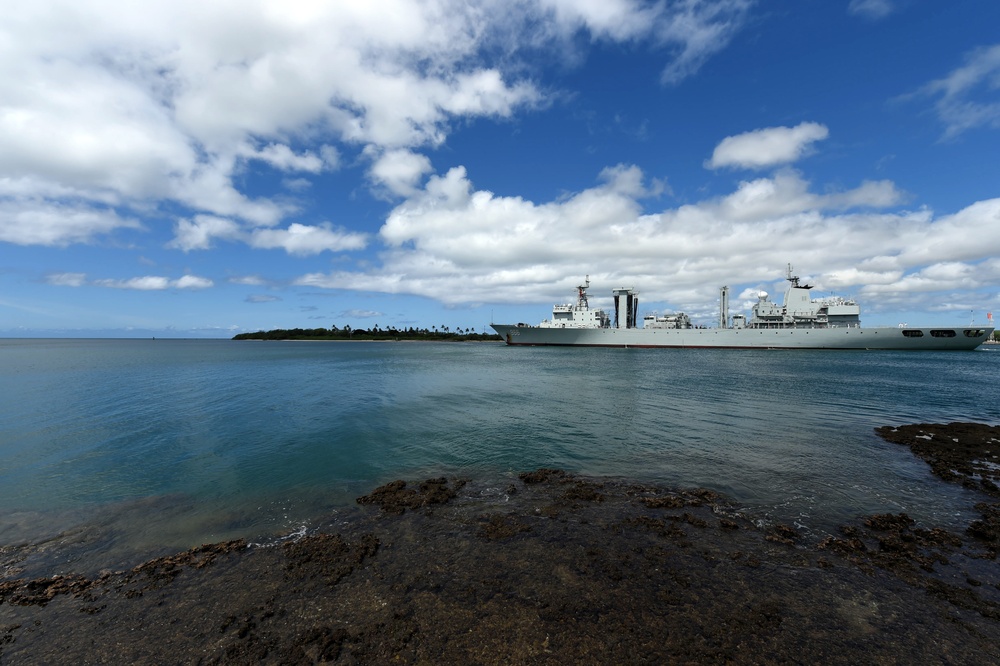 Chinese Navy replenishment ship Gaoyouhu (996) departs Joint Base Pearl Harbor-Hickam following the conclusion of Rim of the Pacific 2016.