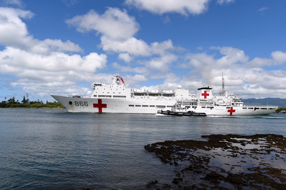 Chinese Navy hospital ship Peace Ark (866) departs Joint Base Pearl Harbor-Hickam following the conclusion of Rim of the Pacific 2016.