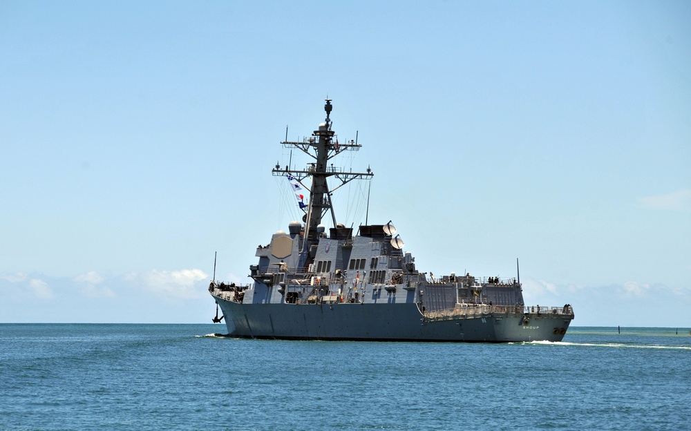 Arleigh Burke-class guided-missile destroyer USS Shoup (DDG 86) Departs Joint Base Pearl Harbor-Hickam Following the Conclusion of RIMPAC 2016