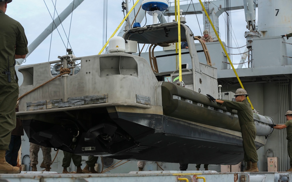 Shipmates aboard the SS Wright participate in experimental loading techniques