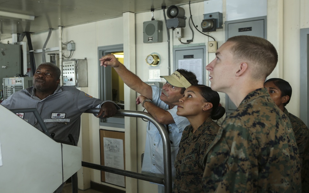 2nd MLG Marines recieve tour of the SS Wright's bridge.
