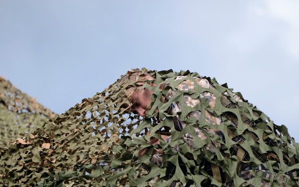 The image shows a person largely concealed beneath a military-style camouflage net featuring green and tan leaf-shaped fabric pieces woven into a mesh. Only a small portion of the person's face is faintly visible through the netting. The scene is photographed against a partly cloudy blue sky.