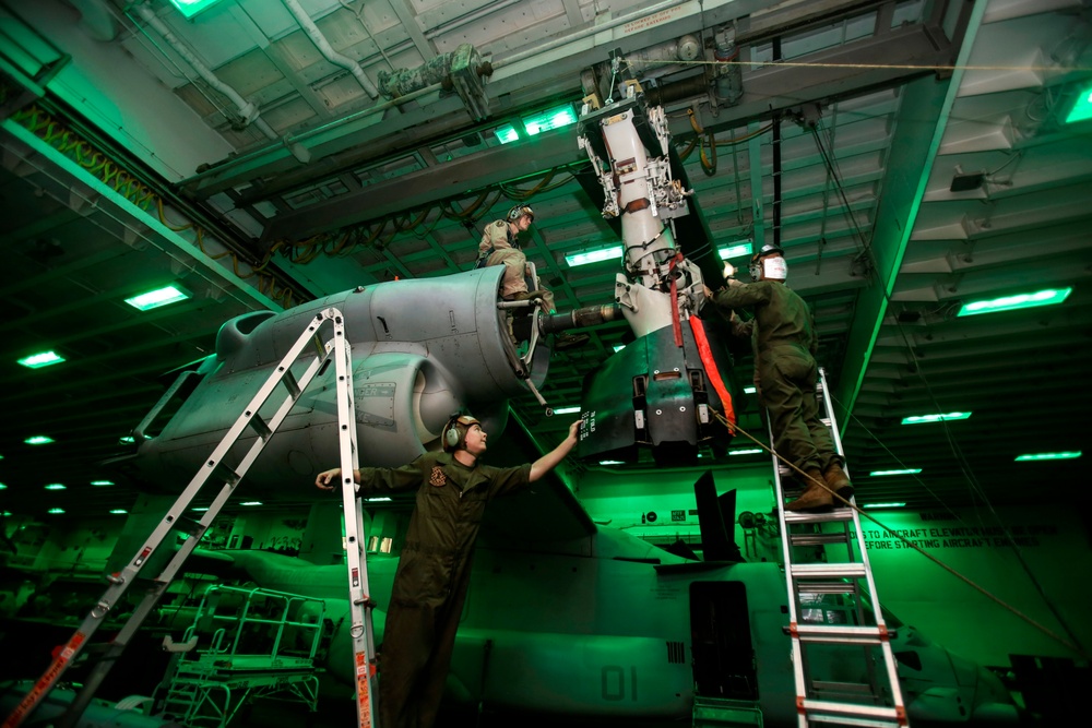 22nd MEU Marines Conduct Aircraft Maintenance Aboard Wasp