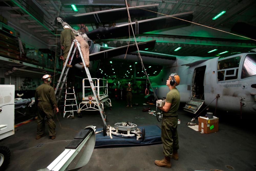 22nd MEU Marines Conduct Aircraft Maintenance Aboard Wasp