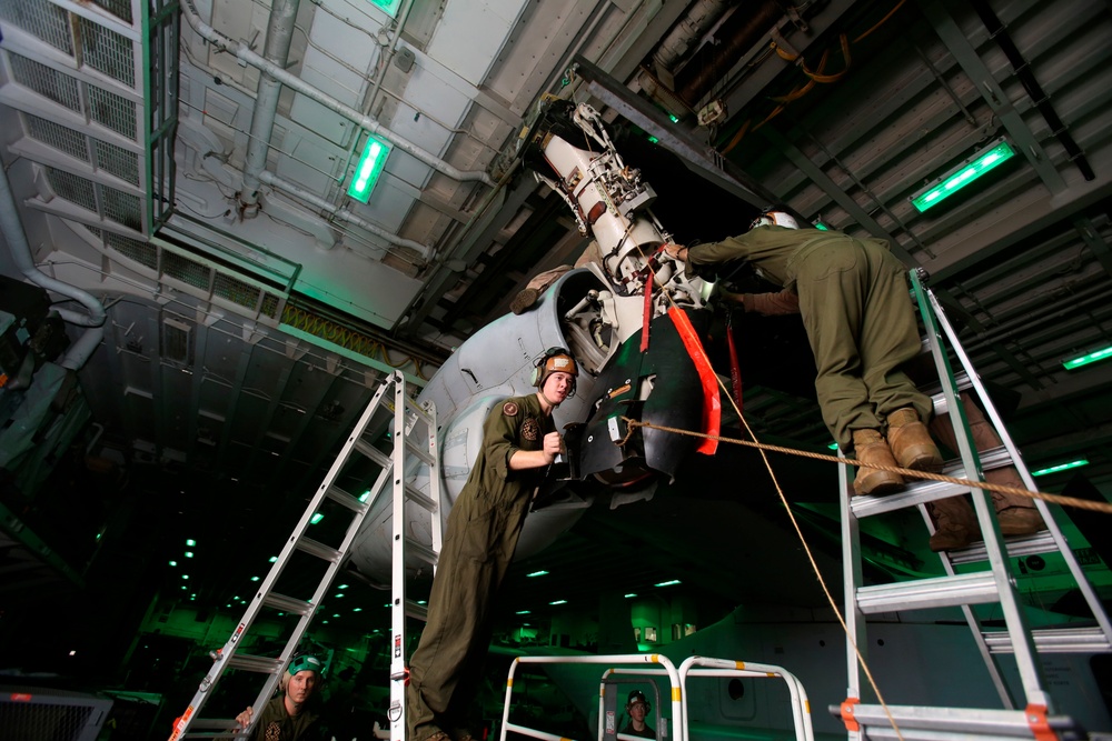 22nd MEU Marines Conduct Aircraft Maintenance Aboard Wasp