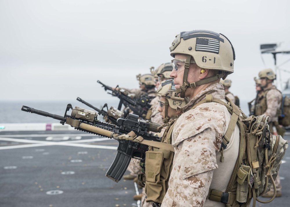 11th Marine Expeditionary Unit (MEU) Maritime Raid Force (MRF) Practices Live Fire Weapons Shoot Aboard USS Somerset.