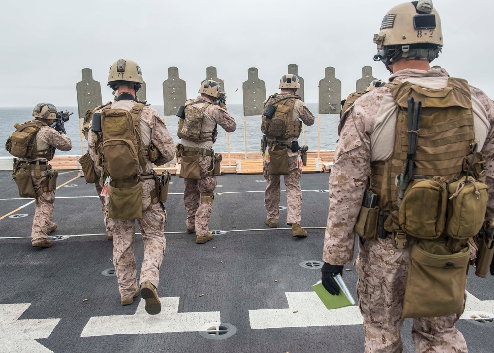 11th Marine Expeditionary Unit (MEU) Maritime Raid Force (MRF) Practices Live Fire Weapons Shoot Aboard USS Somerset.