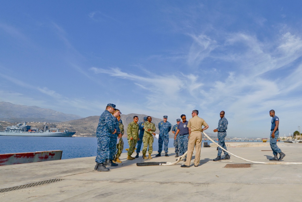 Sailors learn to handle line at the Marathi NATO Pier Facility in Souda Bay, Greece