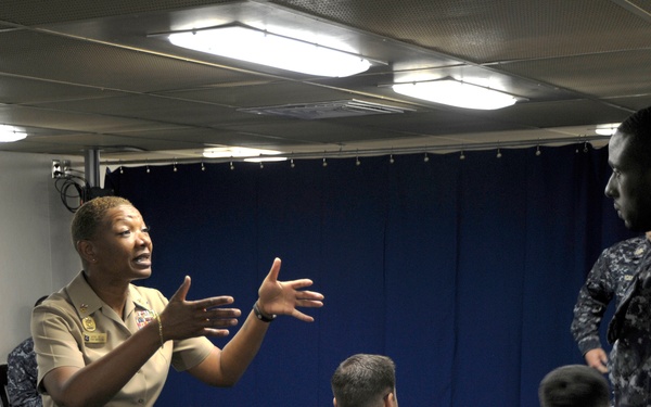 MPT&amp;E Fleet Master Chief Beldo visits with Chiefs and Chief Selectees aboard USS Gerald R. Ford.