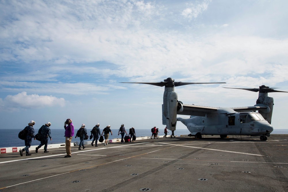 Moving runway and tilting rotors aboard USS Green Bay (LPD-20)