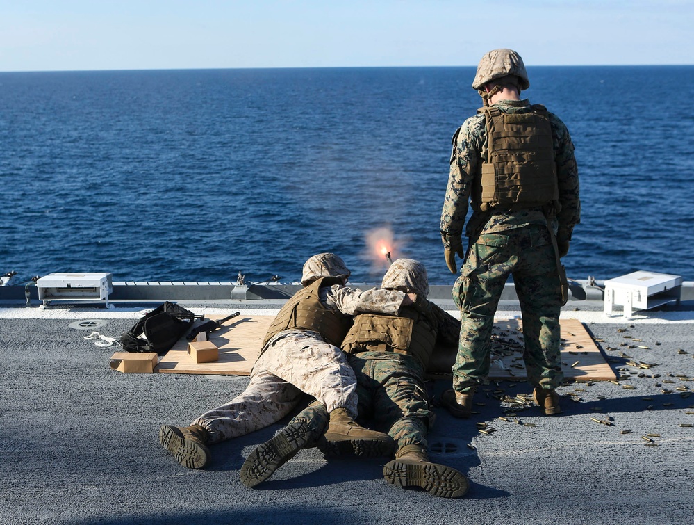 Marines and Sailors fire machine guns during Bold Alligator 16
