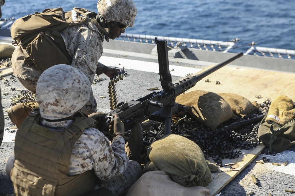 Marines and Sailors fire machine guns during Bold Alligator 16