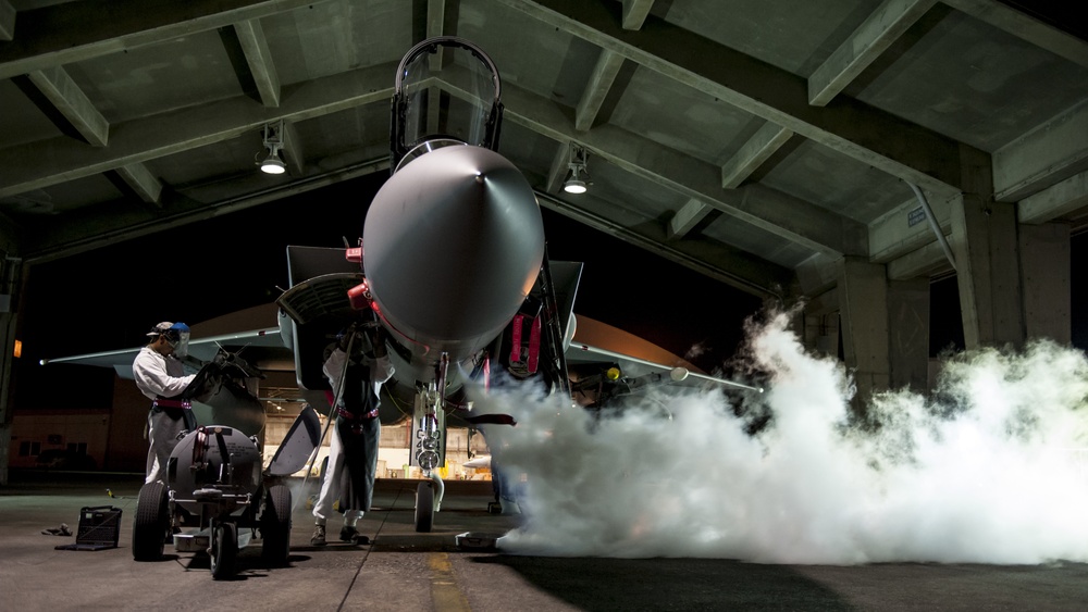 67th AMU swing shift Airmen ensure F-15s remain ready for launch