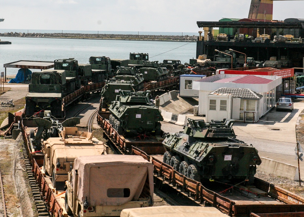 Marines, Georgians, unload equipment in preparation for Agile Spirit 16