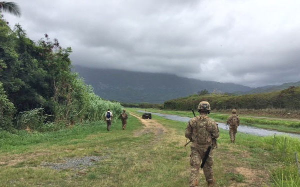 A group of military personnel in camouflage uniforms are walking along a grassy dirt path flanked by a water channel on the right and dense tropical vegetation on the left. The soldiers are carrying weapons and equipment, moving toward a mountainous, cloud-covered backdrop. The setting appears to be a tropical or subtropical environment, consistent with locations such as Hawaii.