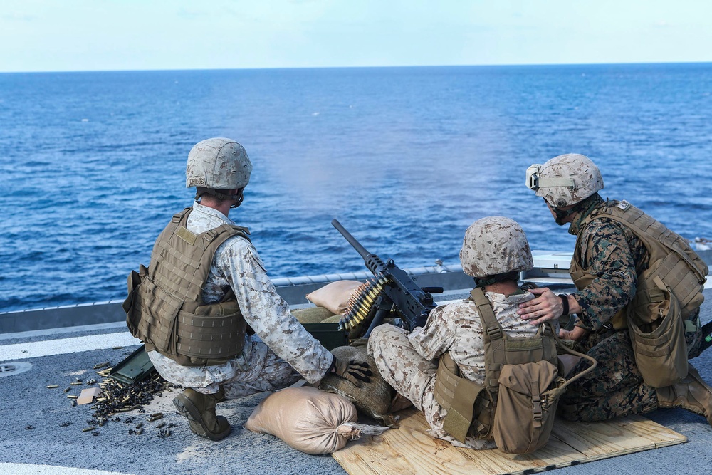 Marines and Sailors fire machine guns during Bold Alligator 16