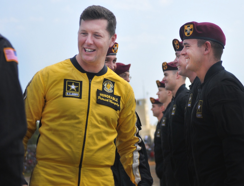 Undersecretary Of The Army Hon. Patrick Murphy jumps with the The Golden Knights