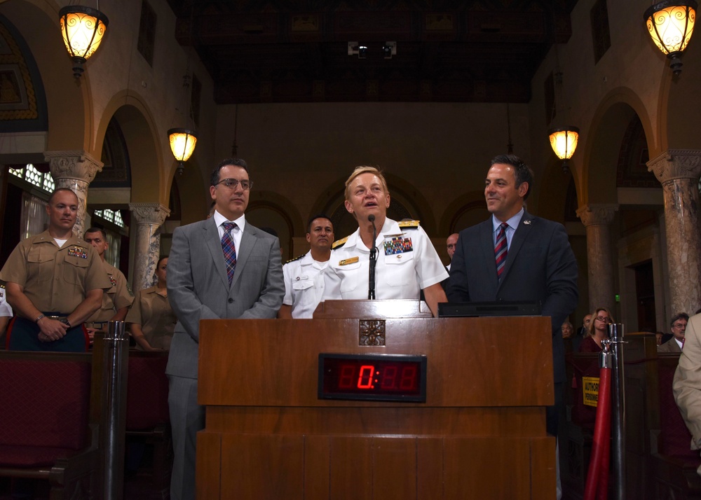 Vice Adm. Nora W. Tyson gives remarks during a Los Angeles City Council session