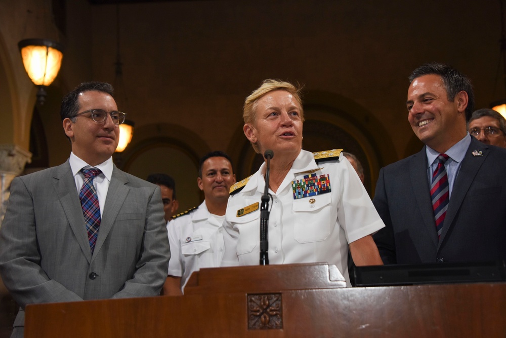Vice Adm. Nora W. Tyson gives remarks during a Los Angeles City Council session