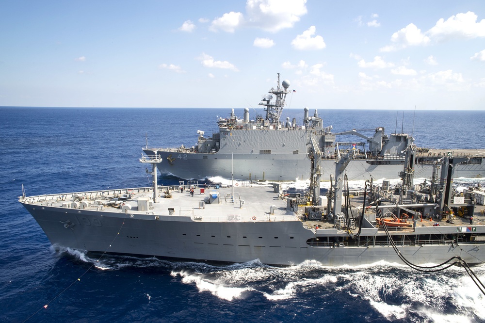 USS Bonhomme Richard (LHD-6) replenishment at sea;