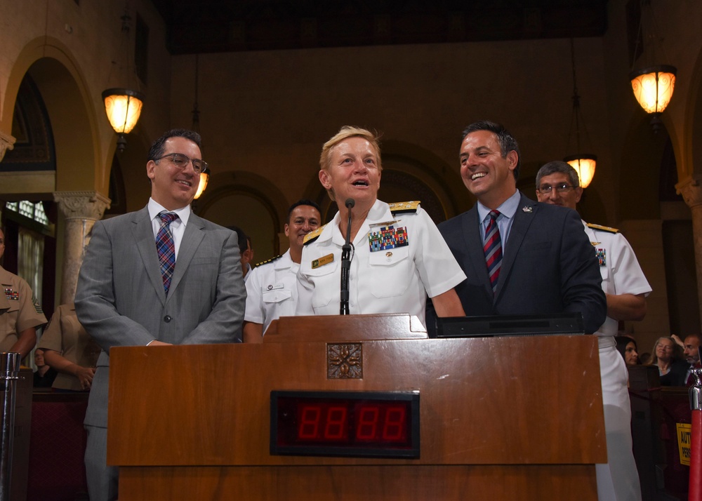 Vice Adm. Nora W. Tyson gives remarks during a Los Angeles City Council session