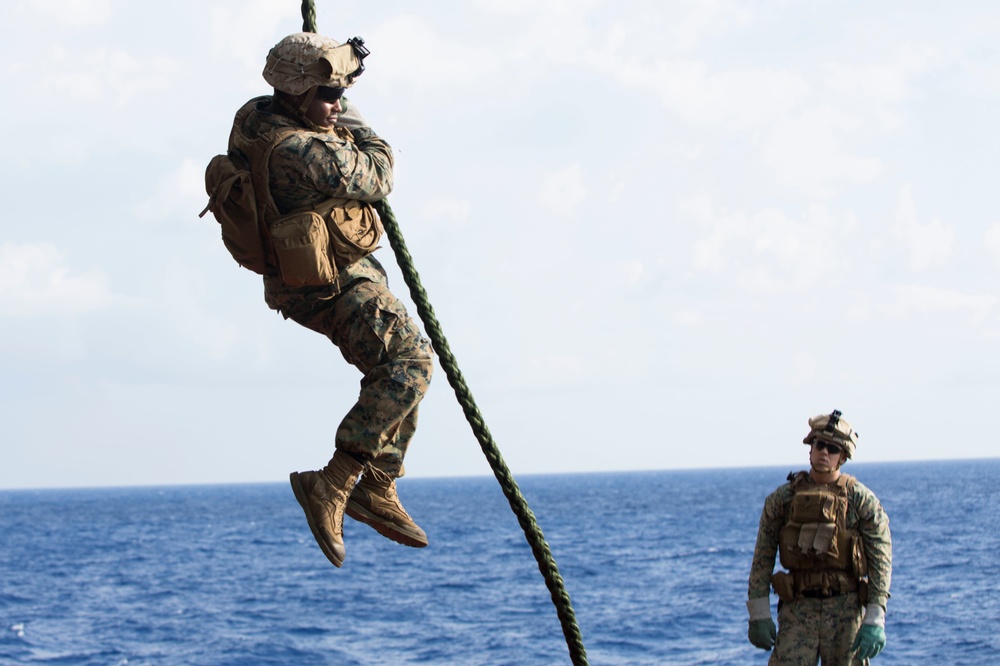 22nd MEU Marines Fast Rope Aboard USS Wasp