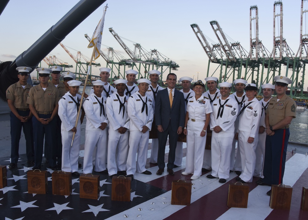 Vice Adm. Nora W. Tyson and Los Angeles Mayor Eric Garcetti visit the Battleship Iowa Museum