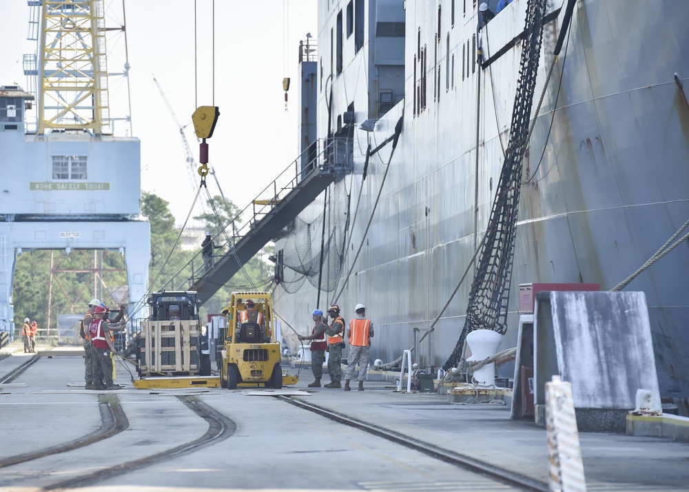 Military Sealift Command unloads cargo from USNS Sacagawea