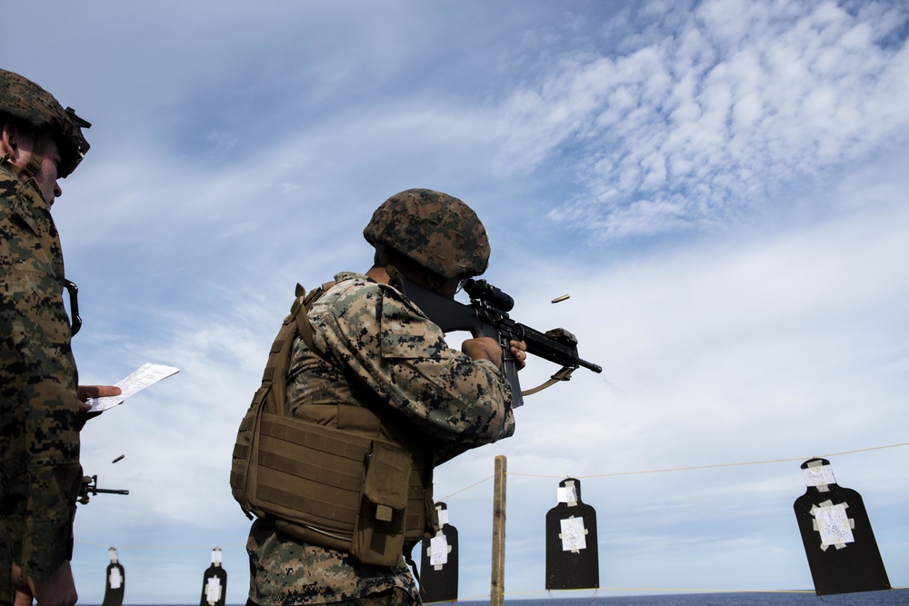 Green Bay Sailors and 31st MEU Marines fire M4 and M16 rifles on the ship’s flight deck