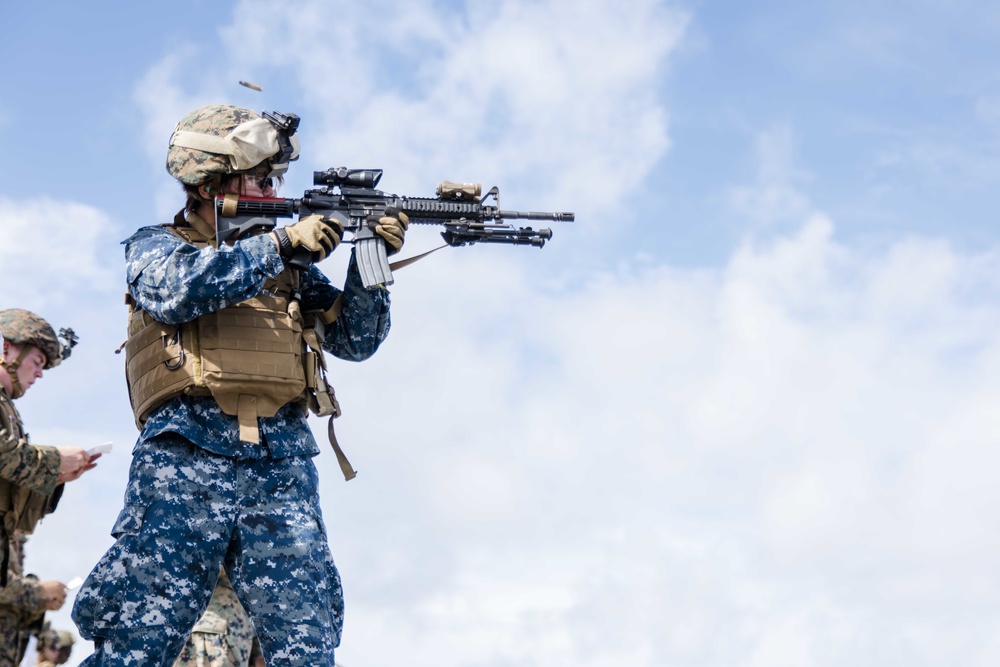 Green Bay Sailors and 31st MEU Marines fire M4 and M16 rifles on the ship’s flight deck