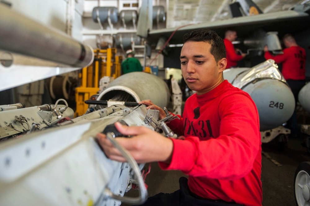 The aircraft carrier USS George H.W. Bush (CVN 77). GWHB is currently conducting Tailored Ship's Training Availability and Final Evaluation Problem (TSTA/FEP). TSTA prepares the ship and crew for full integration into a carrier strike group through a wide