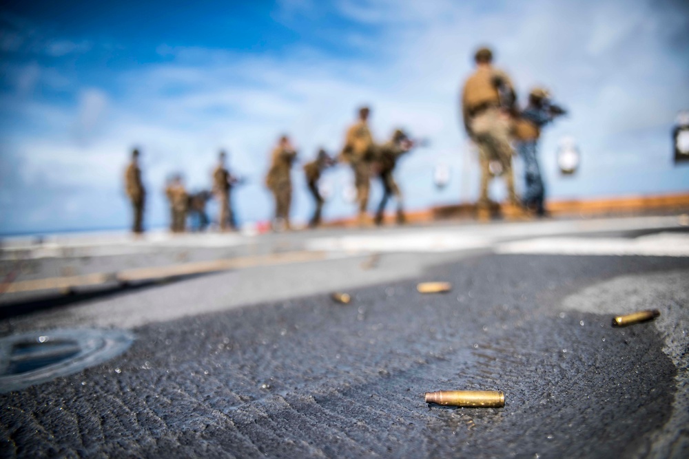 Green Bay Sailors and 31st MEU Marines fire M4 and M16 rifles on the ship’s flight deck