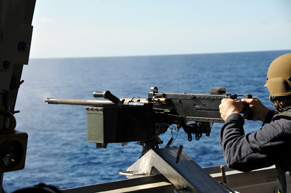 USS Zumwalt Sailors conduct crew served weapons firing exercise