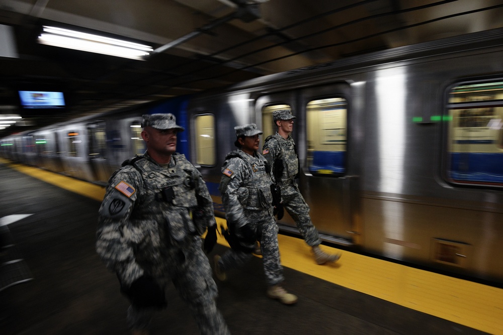 NewYork National Guard Soldiers and Airmen patrol New York transit hubs