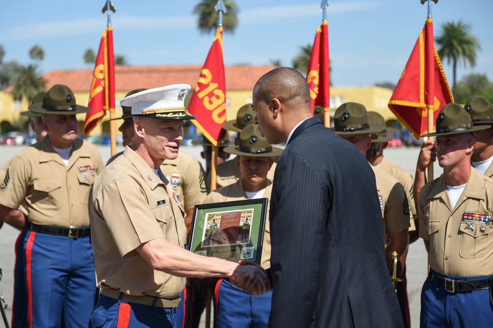 Assistant Secretary of the Navy (ASN) (Manpower and Reserve Affairs) Franklin R. Parker attends the graduation for recruits at Marine Corps Recruit Depot San Diego