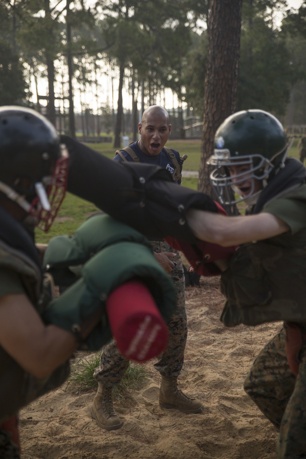 Marine recruits practice bayonet techniques on Parris Island