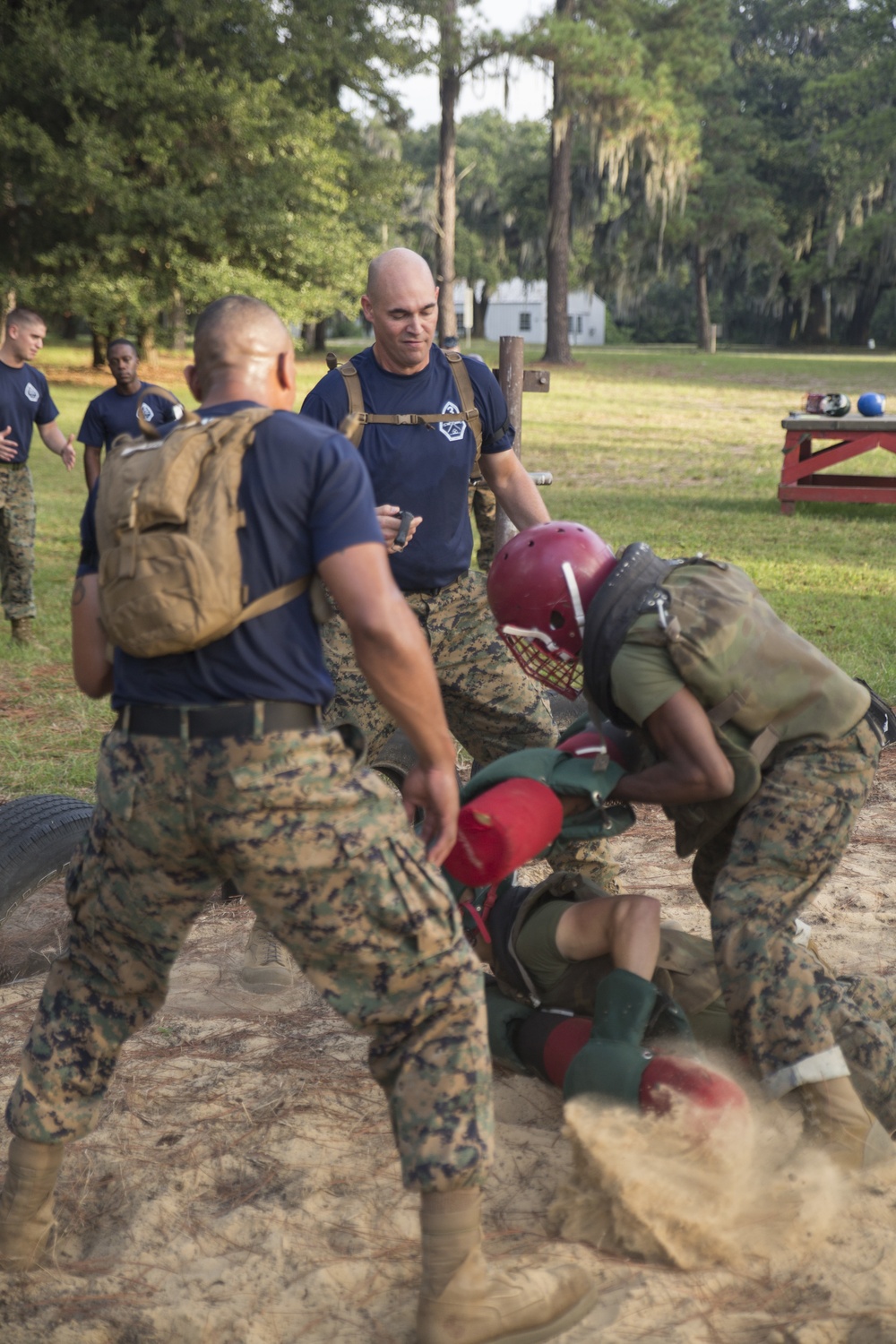Marine recruits practice bayonet techniques on Parris Island