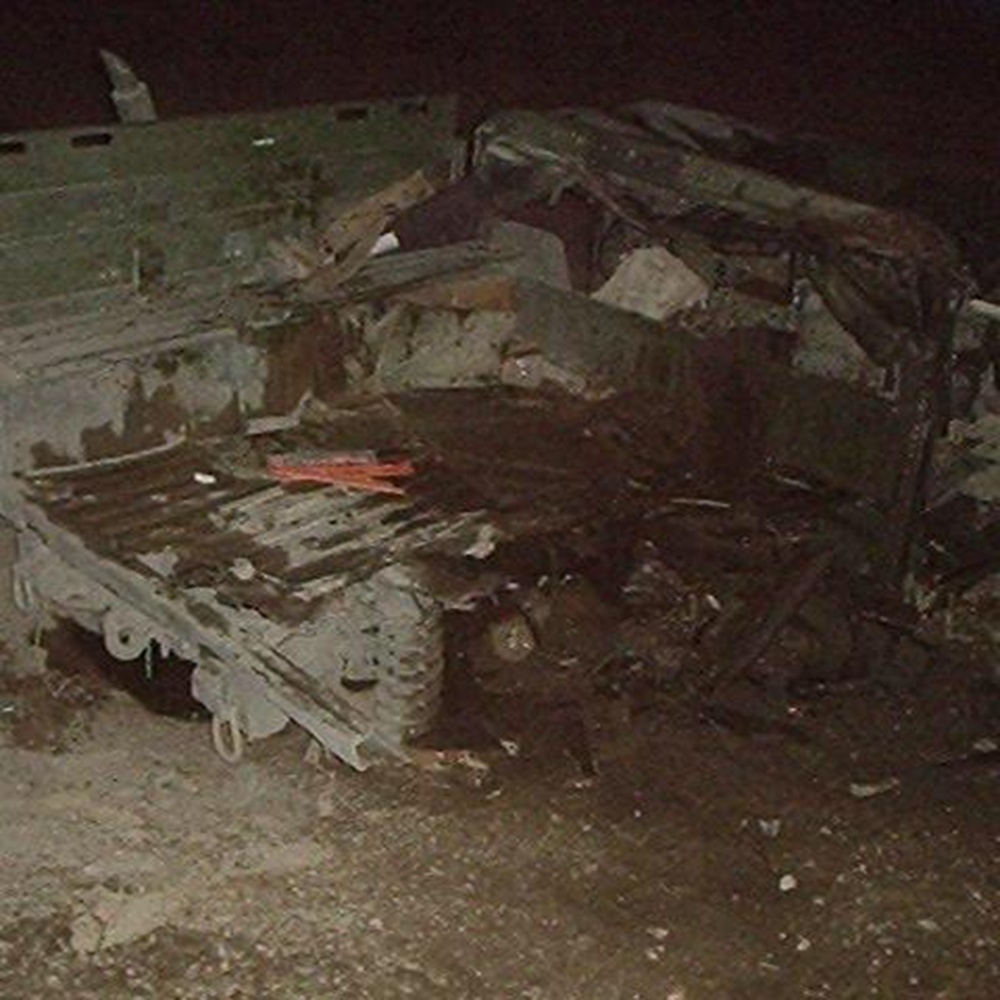 What remains of the rig in which then Lance Cpl. Nicholas Beberniss was blown up when it hit a double stacked anti-tank explosive device on July 21, 2004 while deployed to Iraq.