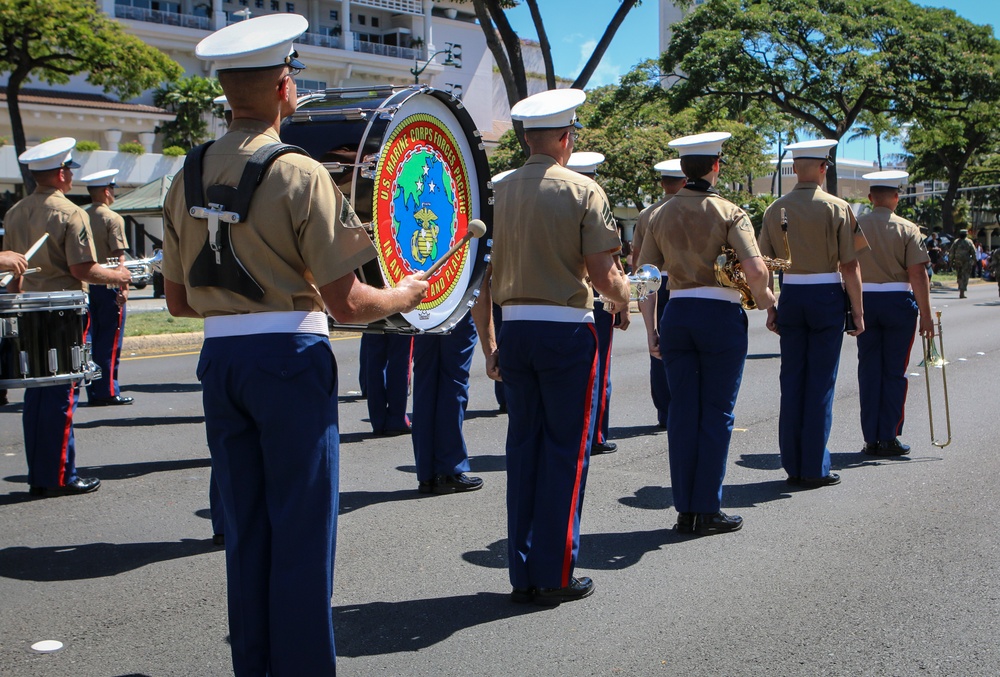 U.S. Marine band marches in Hawaii's 70th annual Aloha Festivals Floral Parade