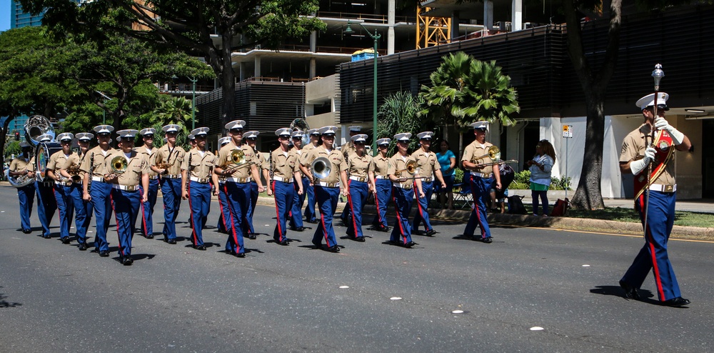 U.S. Marine band marches in Hawaii's 70th annual Aloha Festivals Floral Parade
