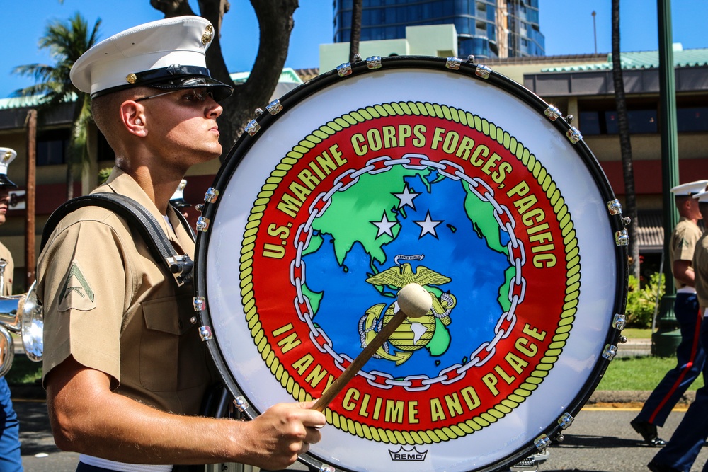 U.S. Marine band marches in Hawaii's 70th annual Aloha Festivals Floral Parade