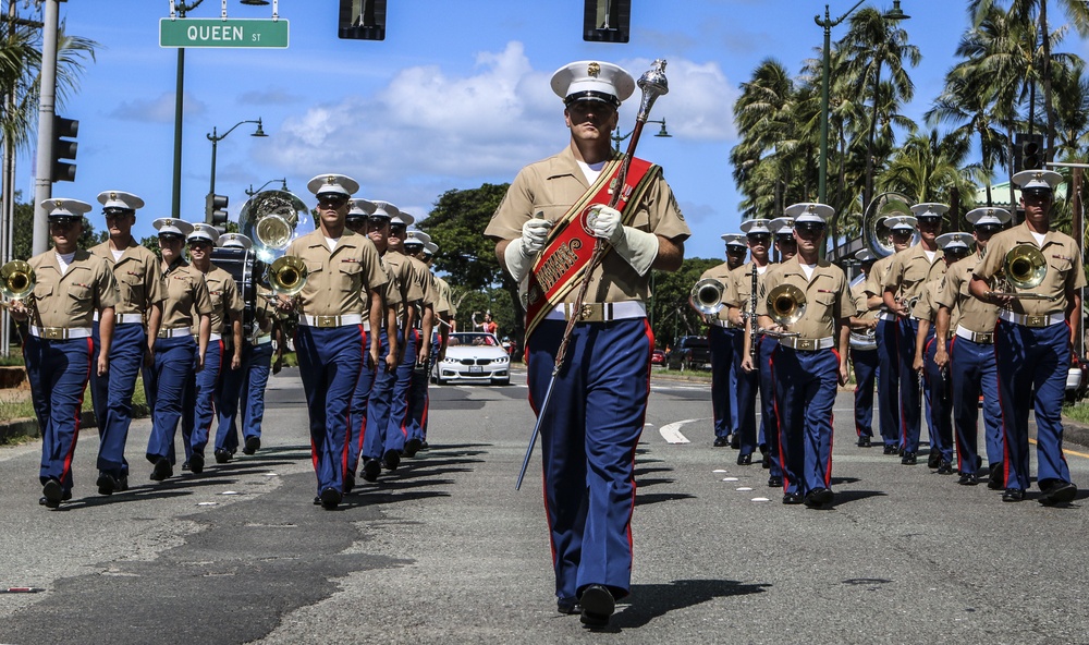 U.S. Marine band marches in Hawaii's 70th annual Aloha Festivals Floral Parade
