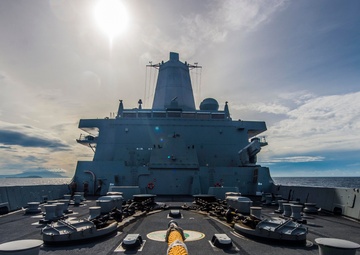 The amphibious dock landing ship USS Green Bay (LPD 20) transits the San Bernardino Strait